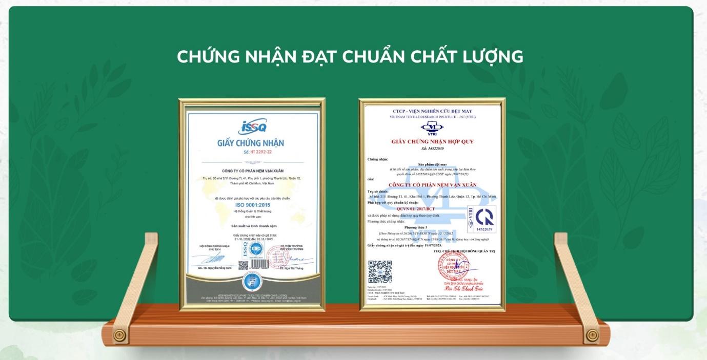 Chứng nhận đạt chuẩn chất lượng của Nệm Vạn Xuân